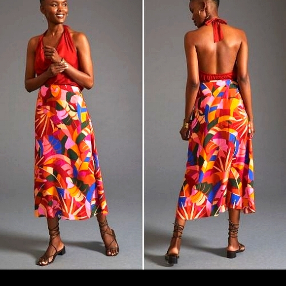 Anthropologie Farm Rio Satin floral orange pink blue slip...